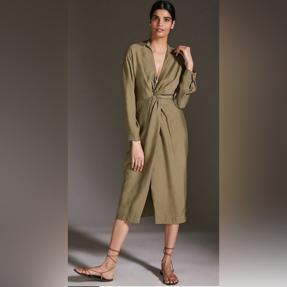 Anthro Olive Wrap Midi Dress Sz 8 Modal Tie Waist Boho Chic
